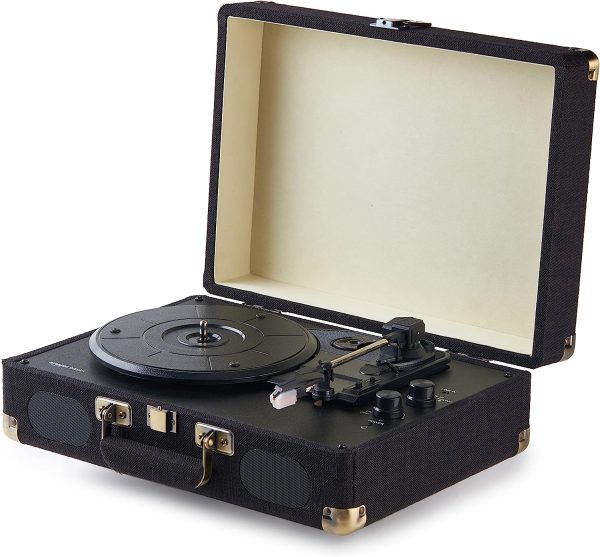 Amazon Basics Turntable Record Player with Built-in Speakers and Bluetooth, Suitcase, Black