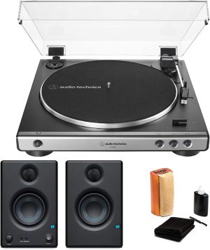Audio-Technica AT-LP60X Gunmetal Fully Automatic Belt-Drive Stereo Turntable Bundle with Studio Monitor Pair and Vinyl Record Care System Package (3 Items)
