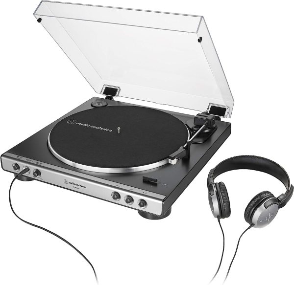 Audio-Technica at-LP60XHP Fully Automatic Belt-Drive Turntable, Gunmetal/Black, Hi-Fidelity, Plays 33-1/3 and 45 RPM Records with ATH-250AV Headphones, 40 mm Drivers