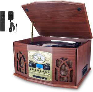 BIGMONAT Record Player with Speakers, Turntable with FM Stereo Radio, Multimedia Center with Remote, Vintage Portable Phonograph Player, CD/MP3/Cassette Tape Player