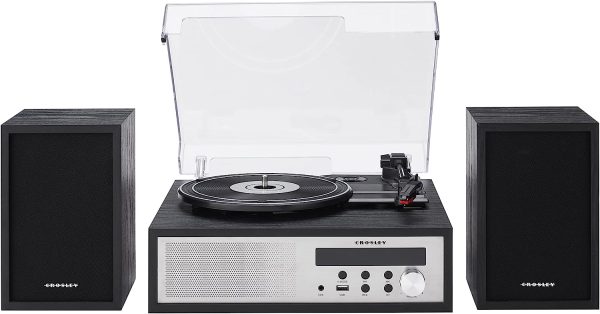 Crosley CR7022A-BK Sloane 3-Speed Bluetooth Turntable and FM Radio Shelf System with Matching Stereo Speakers, Black