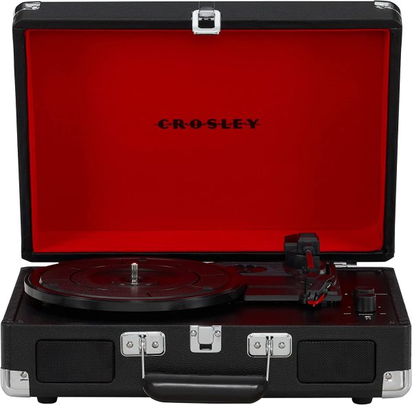 Crosley CR8005F-BK Cruiser Plus Vintage 3-Speed Bluetooth in/Out Suitcase Vinyl Record Player Turntable, Black/Red