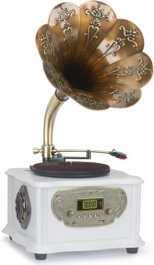 GDEAST Phonograph Turntable Wireless Speaker, with Aux-in, FM Radio, USB Port for Flash Drive, Wooden Gramophone Vintage Retro Style (Wood), White, L 11.89'' x W 13.94'' x H 22.68''