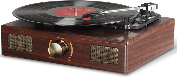LuguLake Vinyl Record Player, 3-Speed Turntable, Belt Drive LP Vintage Phonograph, Built-in Speaker, Aux in and RCA Output, Wooden Finish (TN02)