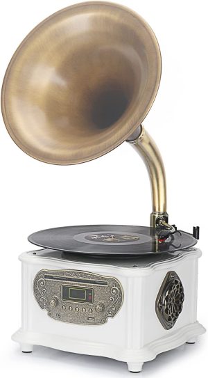 MEAGEAL Record Player Turntable,Vintage Gramophone Bluetooth Speaker,Vinyl Record Player 33/45RPM,Support 7"/10"/12" Vinyl,Copper Horn,Remote Control, CD/Aux-in/USB/FM(with CD Player)
