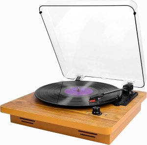 Record Player, Vintage Vinyl Turntable for Records, Dual Built-in Stereo Speakers and Belt-Driven, Aux-in, RCA, 3 Speed 33/45/78 RPM, Natural Wood