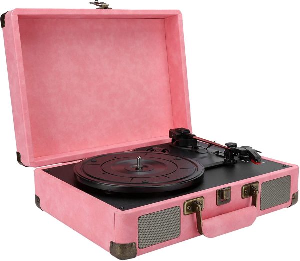 Record Player with Speakers, Portable Bluetooth 5.0 3-Speed Turntable Phonograph Player, Professional 33/45/78 RPM Supports Headphone Socket Suitcase Vinyl Record Player(Pink US)