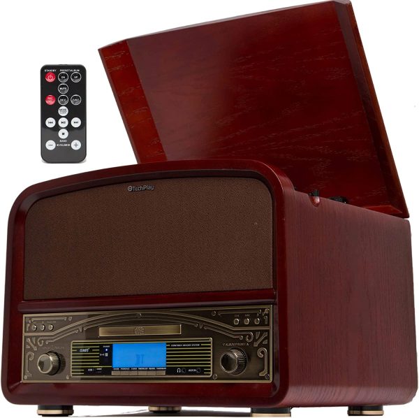 TechPlay TCP9560BT CH, Bluetooth 20W Retro Wooden 3 Speed Turntable with CD Player, AM/FM Radio, USB Recording & Playback with Remote Control – Cherry Wood Color