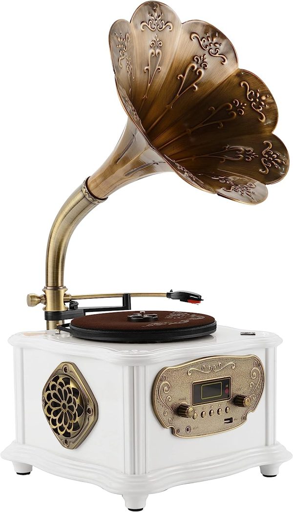 Turntable Vinyl Account Player Gramophone Phonograph Stereo Speakers Mechanism Bluetooth, FM Radio & USB Flash Drive, Aux-in Jack, with Alloy Base and Copper Horn