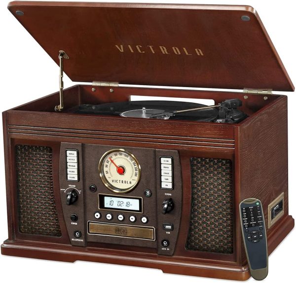 Victrola 8-in-1 Bluetooth Record Player & Multimedia Center, Built-in Stereo Speakers - Turntable, Wireless Music Streaming, Real Wood | Espresso