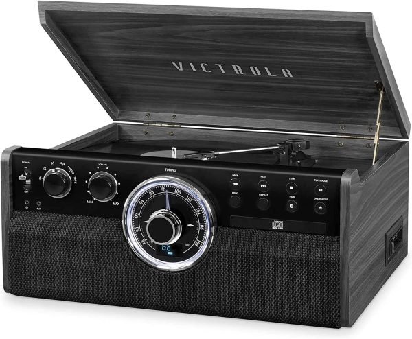 Victrola Empire Mid-Century 6-in-1 Turntable with 3 Speed Record Player, Bluetooth Connectivity, Radio, Cassette and CD Player (Espresso)