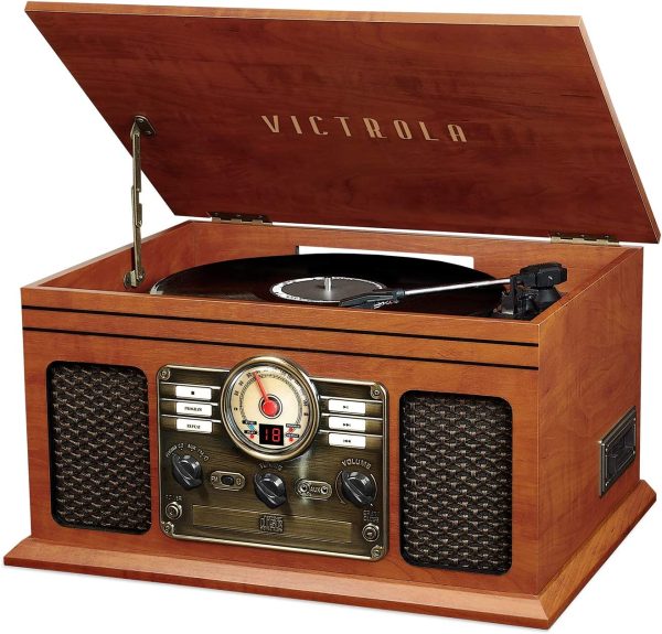 Victrola Nostalgic 7-in-1 Bluetooth Record Player & Multimedia Center with Built-in Speakers - 3-Speed Turntable, CD & Cassette Player, AM/FM Radio, USB | Wireless Music Streaming | Mahogany
