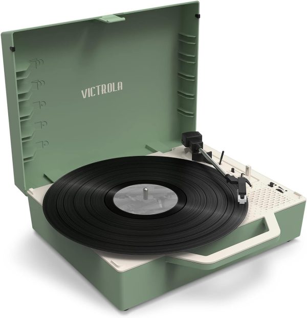 Victrola Re-Spin Sustainable Suitcase Vinyl Record Player, 3-Speed (33 1/3, 45 & 78 RPM), Belt-Driven Bluetooth Turn Table with Built-in Bass Radiator, 3.5mm Headphone Jack, Basil Green