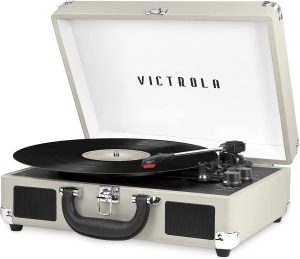 Victrola Re-Spin Sustainable Suitcase Vinyl Record Player, 3-Speed (33 1/3, 45 & 78 RPM), Belt-Driven Bluetooth Turn Table with Built-in Bass Radiator, 3.5mm Headphone Jack, Gray