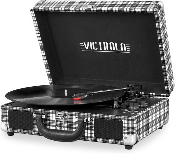 Victrola Vintage 3-Speed Bluetooth Portable Suitcase Record Player with Built-in Speakers | Upgraded Turntable Audio Sound | Black & White