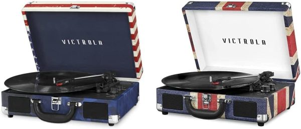Victrola Vintage 3-Speed Bluetooth Portable Suitcase Record Player with Built-in Speakers | Upgraded Turntable Audio Sound| Includes Extra Stylus | American Flag (VSC-550BT-USA) Amercan
