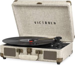 Victrola Vintage 3-Speed Bluetooth Portable Suitcase Record Player with Built-in Speakers | Upgraded Turntable Audio Sound| Includes Extra Stylus | Light Beige Linen