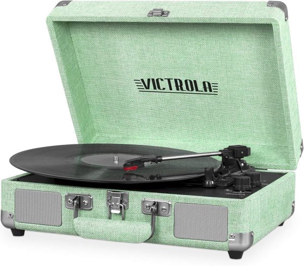Victrola Vintage 3-Speed Bluetooth Portable Suitcase Record Player with Built-in Speakers | Upgraded Turntable Audio Sound| Includes Extra Stylus | Light Mint Green Linen