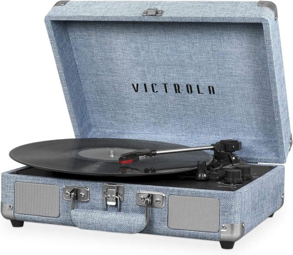 Victrola Vintage 3-Speed Bluetooth Portable Suitcase Report Player with Built-in Speakers | Upgraded Turntable Audio Sound| Includes Extra Stylus | Light Denim Blue Linen