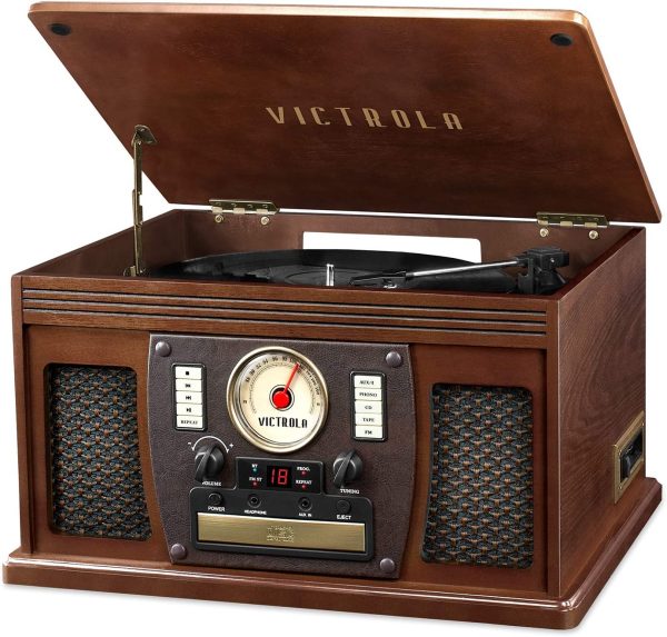 Victrola's 7-in-1 Sherwood Bluetooth Recordable Report Player with 3-Speed Turntable, CD, Cassette Player and FM Radio