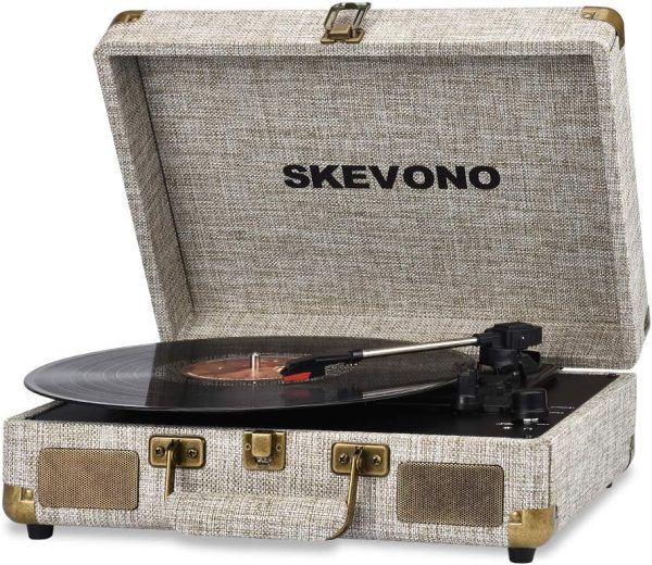 Vinyl Record Player, SKEVONO 3 Speed Portable Suitcase Turntable, Bluetooth Vintage Record Player with 2 Built-in Speakers, Supports RCA Output Headphone Jack Phone Music Playback (Light Beige Linen)