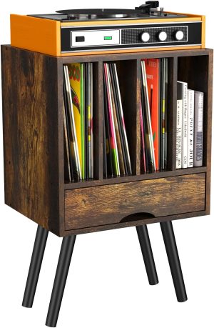 WASAIT Record Player Stand Vinyl Record Storage Cabinet with Drawer Record Display Shelf with Wood Legs 3-Tiers Vinyl Holder for Living Room Bedroom
