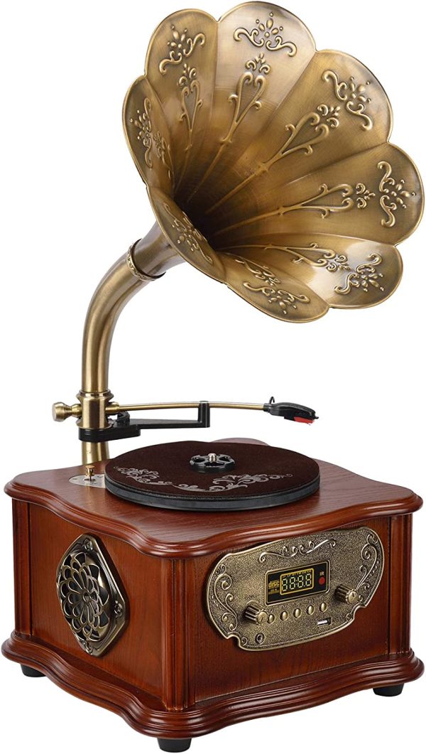 Wooden Gramophone Phonograph Turntable Vinyl Record Player Stereo Speakers System Control 33/45 RPM FM AUX USB Ouput Bluetooth 4.2