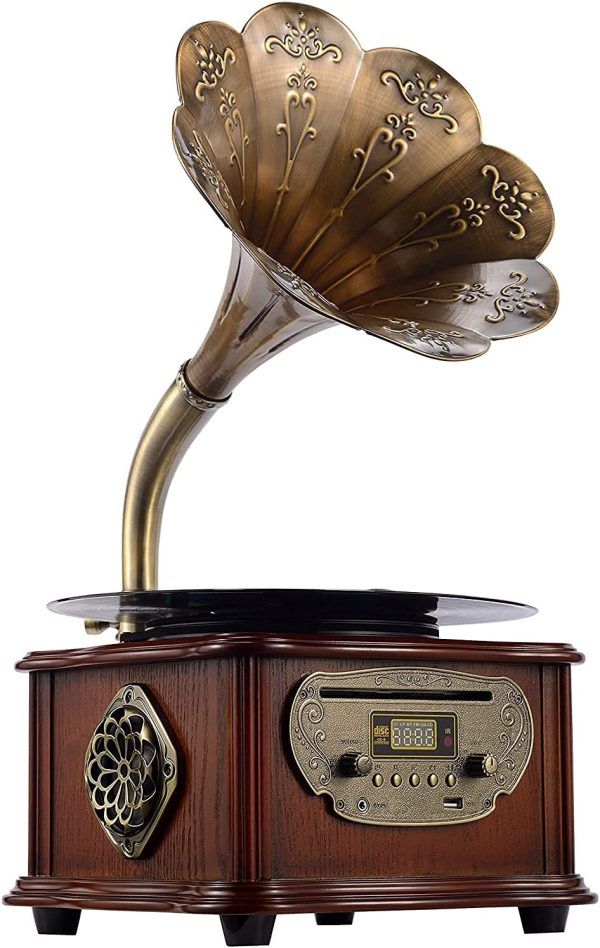 Wooden Phonograph Gramophone Turntable Vinyl Record Player Speakers Stereo System Control 33/45 RPM CD FM AUX USB Ouput Bluetooth 4.2