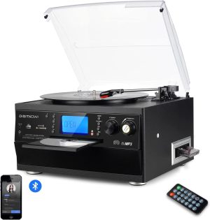 DIGITNOW Bluetooth Record Player Turntable with Stereo Speaker, LP Vinyl to MP3 Converter with CD, Cassette, Radio, Aux in and USB/SD Encoding, Remote Control, Audio Music Player Built in Amplifier