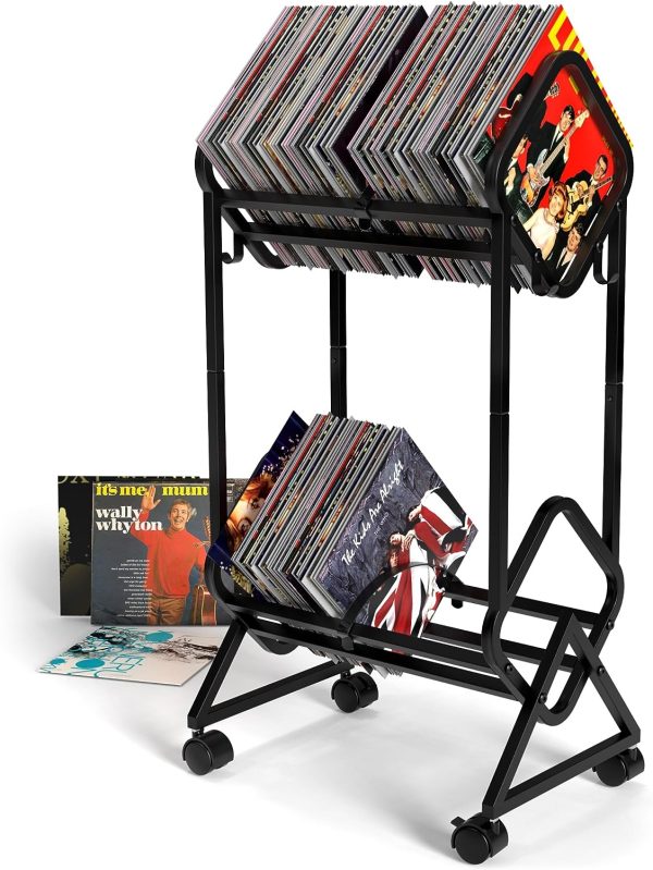 EMBATHER Vinyl Record Storage, 2-Tier Record Holder, 180-200 LP Storage Shelf, Easy and Quick Installation, Vinyl Record Display, Black Record Holder for Albums, CDs and Magazines