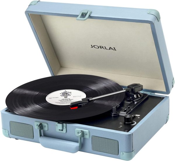 JORLAI Record Player with Bluetooth 3 Speed Vinyls Vintage Turntbale Built in Battery Portable Suitcase Support Aux in RCA Line Out Headphone Jack Purple