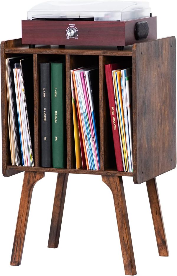 LELELINKY Record Player Stand,Vinyl Record Storage Table with 4 Cabinet Up to 100 Albums,Mid-Century Turntable Stand with Wood Legs,Brown Vinyl Holder Display Shelf for Bedroom Living Room (Patented)
