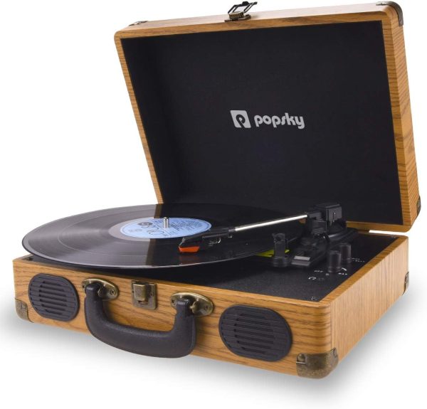 Popsky Record Player, 3-Speed Vintage Style Turntable, Bluetooth Record Player with Built-in Stereo Speakers, Portable Suitcase LP Vinyl Player, Headphone & USB & RCA Jack