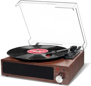 Record Player, FYDEE Bluetooth Turntable with 2 Built-in Stereo Speakers, 3-Speed 33/45/78 RPM LP Vinyl Player, Vintage Vinyl Turntable Player Supports Headphone Jack/Aux Input/RCA Out - Walnut