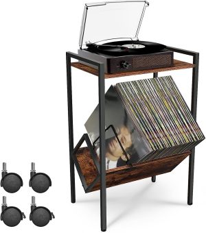 Telawsfun Record Player Stand with Album Storage,Vinyl Record Stand Table with Matte Black Metal Legs,Retro Vinyl Record Display Desk Holder up to 80 LPs,Sturdy & Durable Turntable Stand on Wheels
