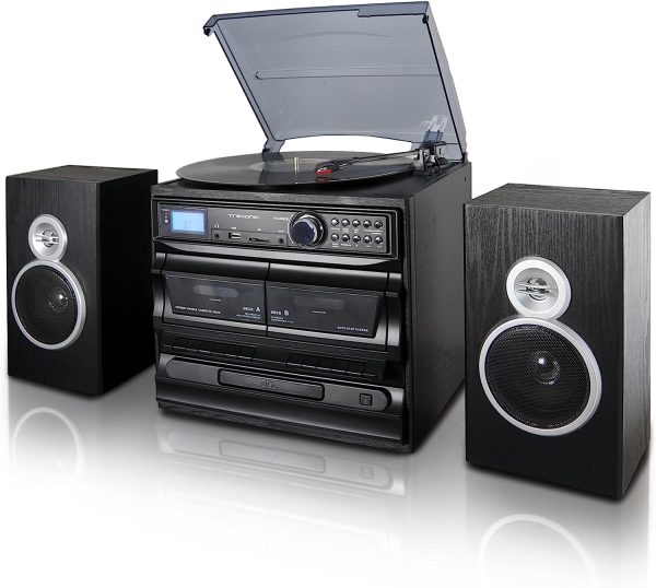 Trexonic 3-Speed Turntable with CD Player, Dual Cassette Player, BT, FM Radio & USB/SD Recording and Wired Shelf Speakers