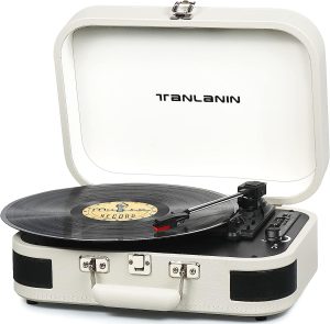 Vintage 3-Speed Bluetooth Portable Suitcase Record Player with Built-in Speakers, LP Vinyl Turntable with USB/SD Recording/RCA/AUX/Headphone Jack for Entertainment and Home Decoration, White