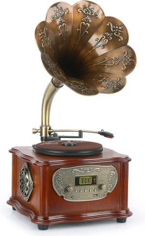 Vintage Classic Retro Phonograph Gramophone Vinyl Report Player Turntable Bluetooth 4.2, 3.5mm Aux-in/USB/FM Radio with Copper Horn