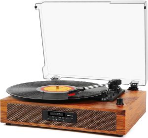 Vintage Record Player Bluetooth 3-Speed Vinyl Record Player with Stereo Speakers, USB Audio Recording, RCA Line-Out, AUX-in, Retro Turntable for Vinyl Records, White Wood