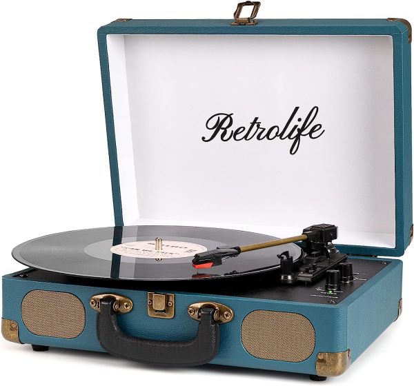 Vinyl Record Player 3-Speed Bluetooth Suitcase Portable Belt-Driven Record Player with Built-in Speakers RCA Line Out AUX in Headphone Jack Vintage Turntable