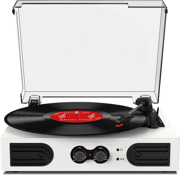 Vinyl Record Player Bluetooth Turntable with 2 Built-in Speakers and Bass Control, 3 Speed Vintage Turntable LP Player, Support Bluetooth in, RCA Audio Out, Aux-in &Headphone Jack,White
