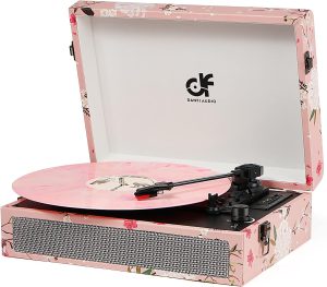 Vinyl Record Player Bluetooth with Built-in Speakers, Vintage Portable Suitcase Turntable 3-Speed with USB Recording Headphone/RCA/AUX Jack for Muisc Record Player Pink Floral