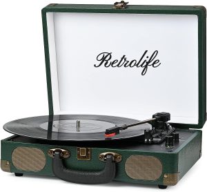 Vinyl Record Player Suitcase 3-Speed Bluetooth Portable Belt-Driven Record Player with Built-in Speakers AUX in RCA Line Out Headphone Jack Vintage Turntable Coral Blue