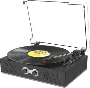 Vinyl Record Player with Speaker Vintage Turntable for Vinyl Records, Bass & Treble Control, 33 45 78 RPM Bluetooth Portable Phonograph LP Player Support RCA Out AUX Out/Input Headphone Jack, Gray