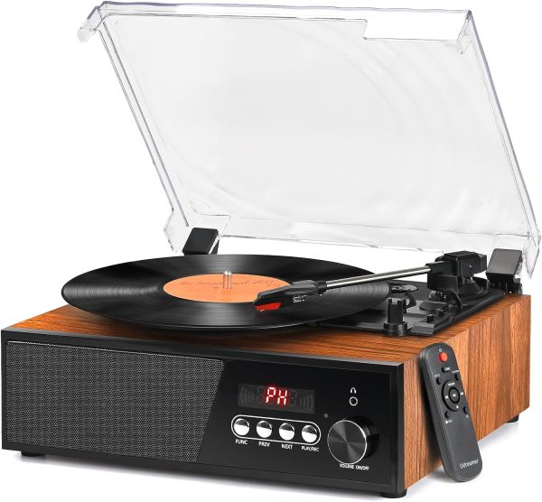 Vinyl Record Player with Speakers Bluetooth Turntable Support FM Radio USB Convert & Playback Remote Control AUX RCA Headphone 3 Speed Belt-Driven Vintage Vinyl Player Auto-Stop