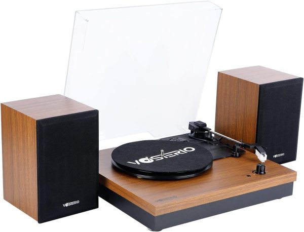 Vosterio Bluetooth Record Player, 3-Speed Belt-Driven Turntable with Bluetooth Input& Output, Aux-in, Two 15W External Speakers, Retro Vinyl Player, Walnut
