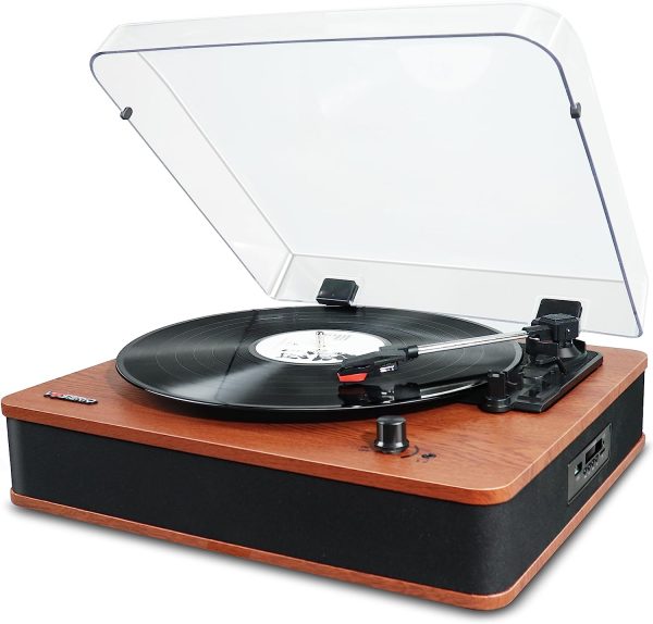 Vosterio Record Player Turntable with Speakers for Vinyl Records, Vintage Bluetooth Direct Drive LP Player with FM Radio, USB, TF Recording, Aux in & LED Display