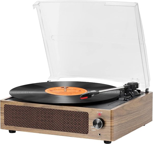 WOCKODER Record Player Turntable with Speakers, Wired, 3-Speed Belt-Driven Vinyl LP Vintage Design for Home Music Vinyl Record Player RCA Out AUX in Headphone Jack