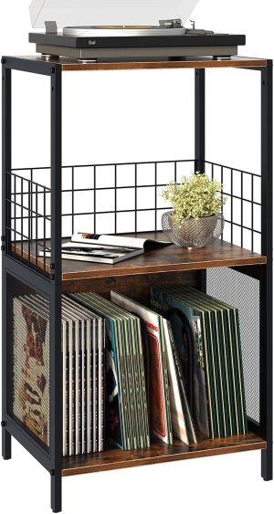 Arbuxzuy Record Player Stand, Vinyl Record Storage,Holds Albums，Brown Vinyl Holder Storage Shelf, 3-Tier Side End Table,Turntable Stand with Metal Frame for Bedroom, Living Room