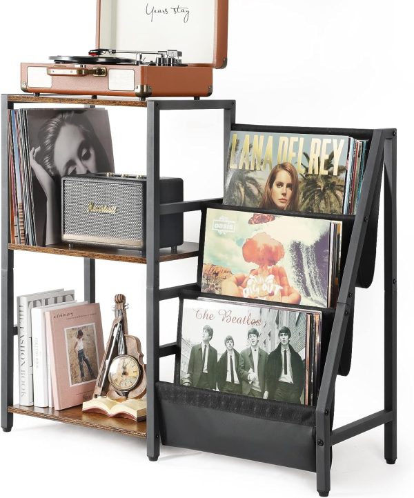 Bikoney Record Player Stand, Turntable Stand with 3-Tier Vinyl Record Storage, Record Player Table Holds Up to 200 Albums, End Table for Vinyl Records, Vinyl Record Holder Cabinet for Living Room